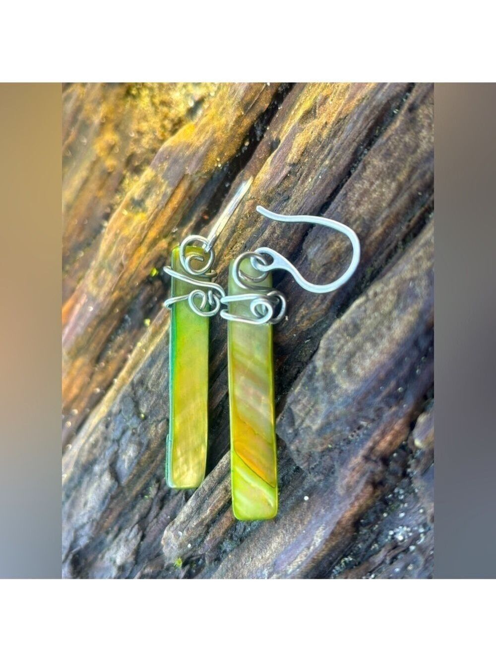 ARTISAN HandCrafted One of a Kind Pearly Green Shell Wrapped Earrings 2.5in Long